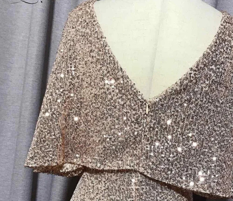 Mermaid Short Sleeves Sexy V Neck Evening Dress, Elegant Glitter Bat Sleeves Formal Party Dress Y1390