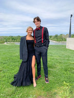 Strapless Mermaid Black Lace Long Prom Dresses with High Slit Mermaid Black Formal Graduation Evening Dresses Y4782