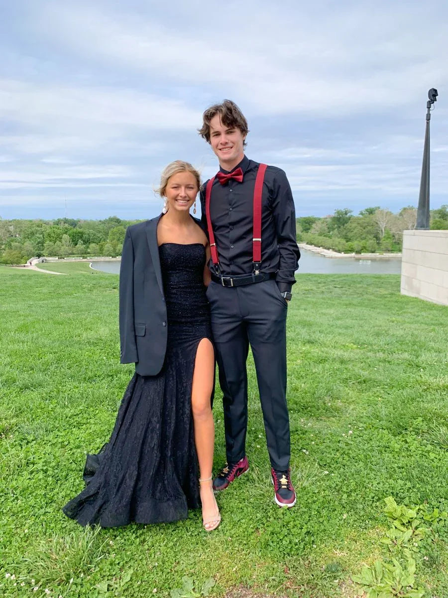 Strapless Mermaid Black Lace Long Prom Dresses with High Slit Mermaid Black Formal Graduation Evening Dresses Y4782