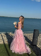 Pink Off Shoulder Fluffy Lace Appliques Floral Long Prom Dress Evening Dress Y7846