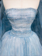 Dream Blue Tulle Beaded A Line Prom Dress Long Evening Dress Y8691