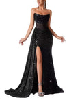 Strapless Sequin Mermaid Evening Dress | Ruched Corset Prom Gown with Slit