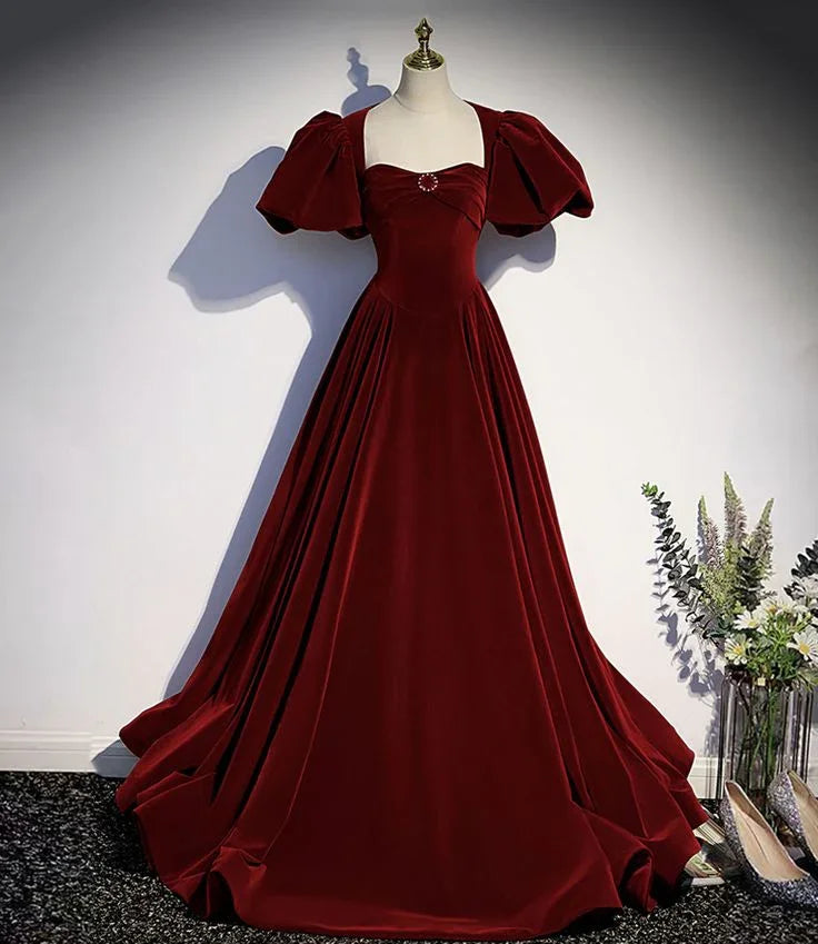 Burgundy velvet long prom dress evening dress Y6348