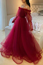 Burgundy Tulle Evening Dress With Long Sleeves Y503