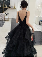 Shiny Black V Neck Prom Dresses, Backless Black V Neck Formal Evening Gown Y1148