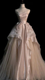 Generous Pink Strapless A-line Tulle Evening Dress Glam Dress Y6761