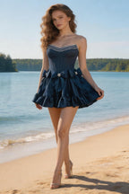 Navy Blue Strapless Corset Mini Dress With Crystal Bow Accents For Formal Party