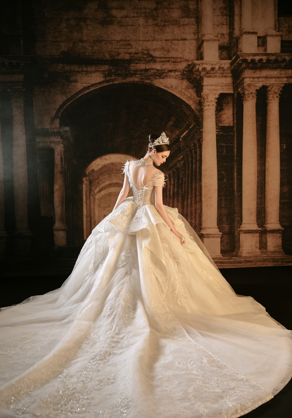 Luxury Feather Accent High Neck Ball Gown Wedding Dress with Beaded Embroidery & Train Bridal Gown