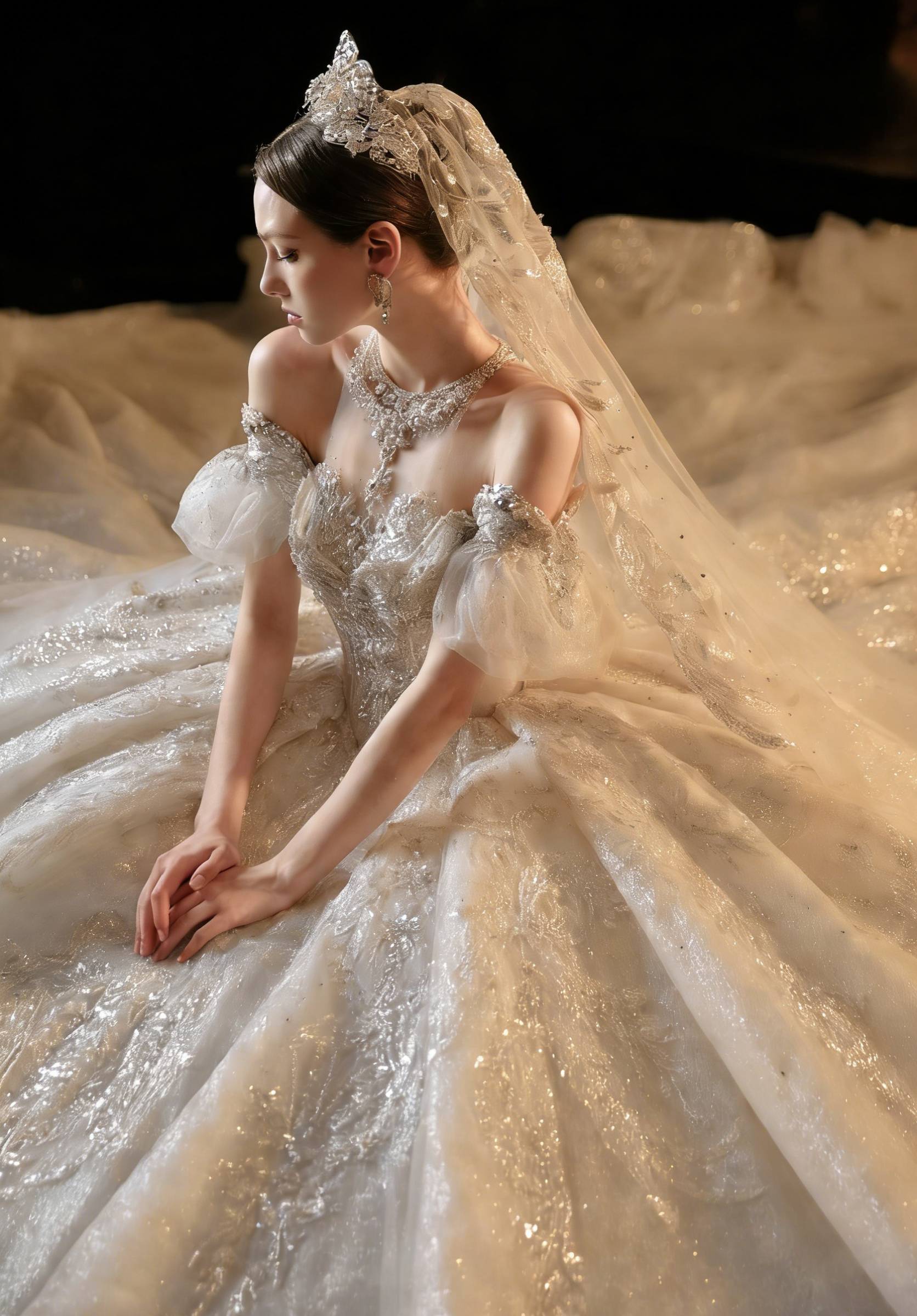 Regal Off-the-Shoulder Ball Gown Wedding Dress with Puff Sleeves & Beaded Embroidery Bridal Gown with Overskirt Train