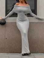 Long Sleeves Skinny Pleated Solid Color Split-Joint Off-The-Shoulder Evening Dresses Maxi Dresses