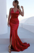 Spaghetti Straps Open Back V-Neck Mermaid Prom Dress with Daring Slit
