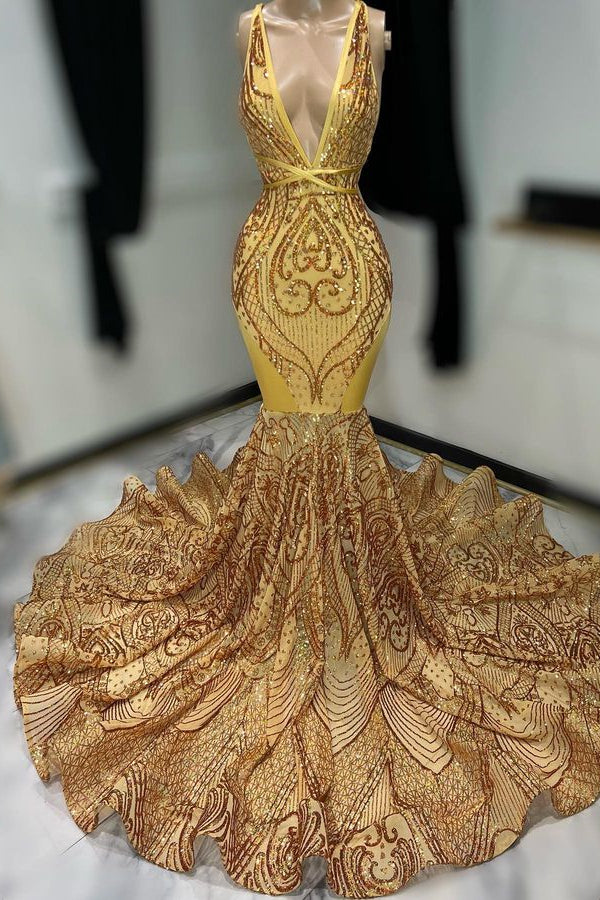 Off The Shoulder Sleeveless Dark Gold Sequins Prom Dress with Appliques V Neck