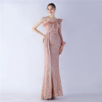 Craft Ostrich Feather Ruffled Side Slit High End Sequined Evening Dress
