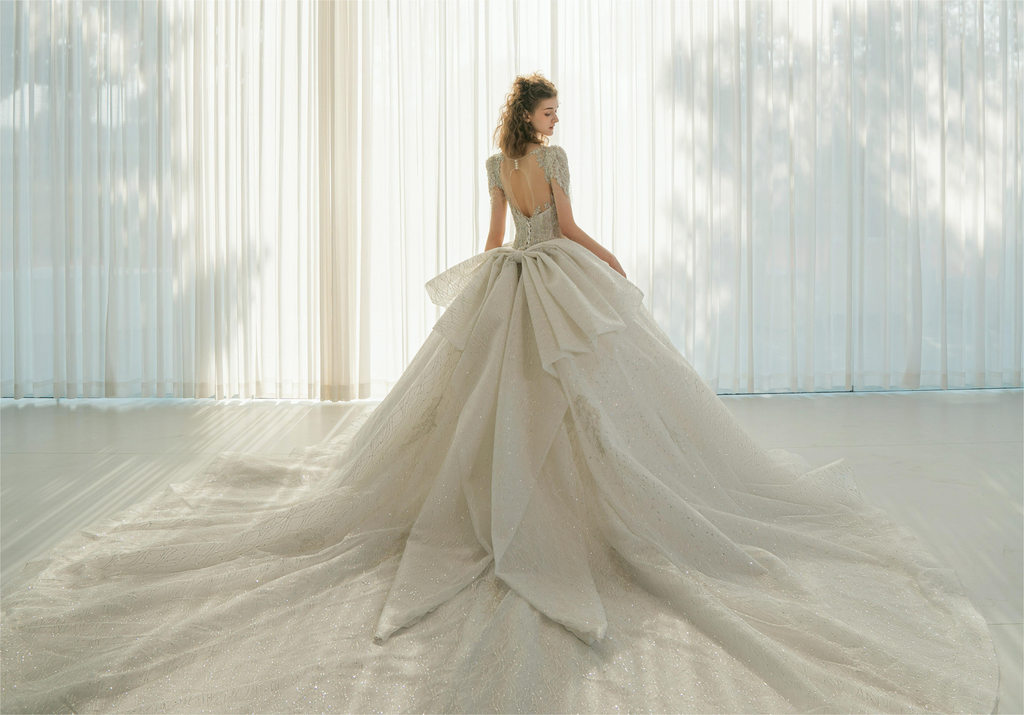 Sparkling Crystal Ball Gown Wedding Dress with Oversized Back Bow & Cathedral Train