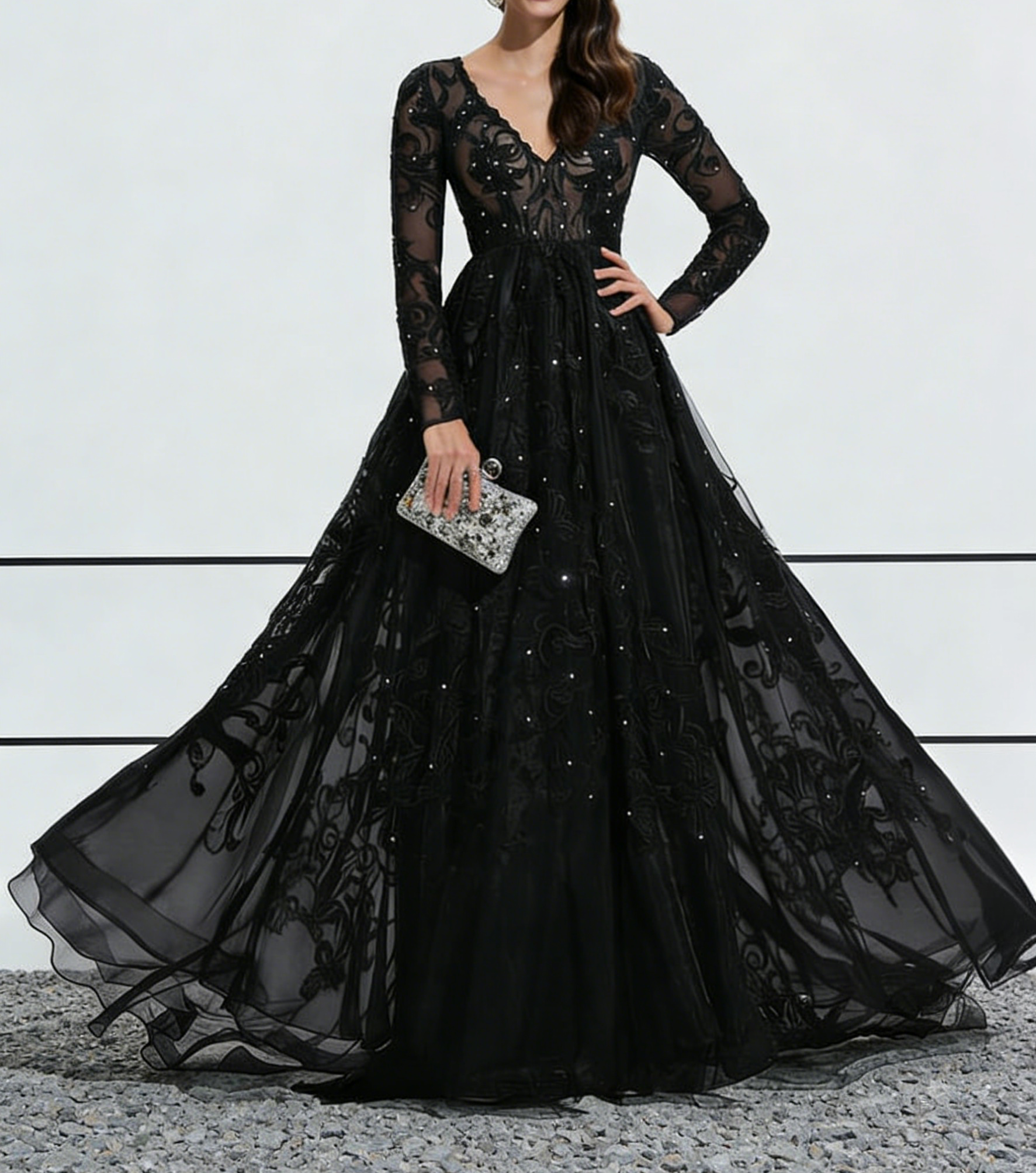 Black Lace & Tulle Long Sleeve Ball Gown Maxi Dress with V-Neck & Train
