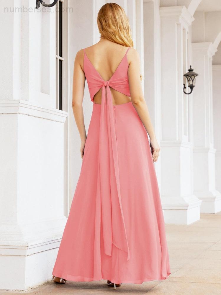 Spaghetti Strap Bridesmaid Dresses V Neck Butterfly Back Fromal Evening Party Prom Gown 28036
