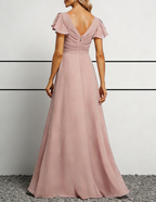 Dusty Rose Chiffon V-Neck Maxi Dress with Flutter Sleeves & Ruched Bodice