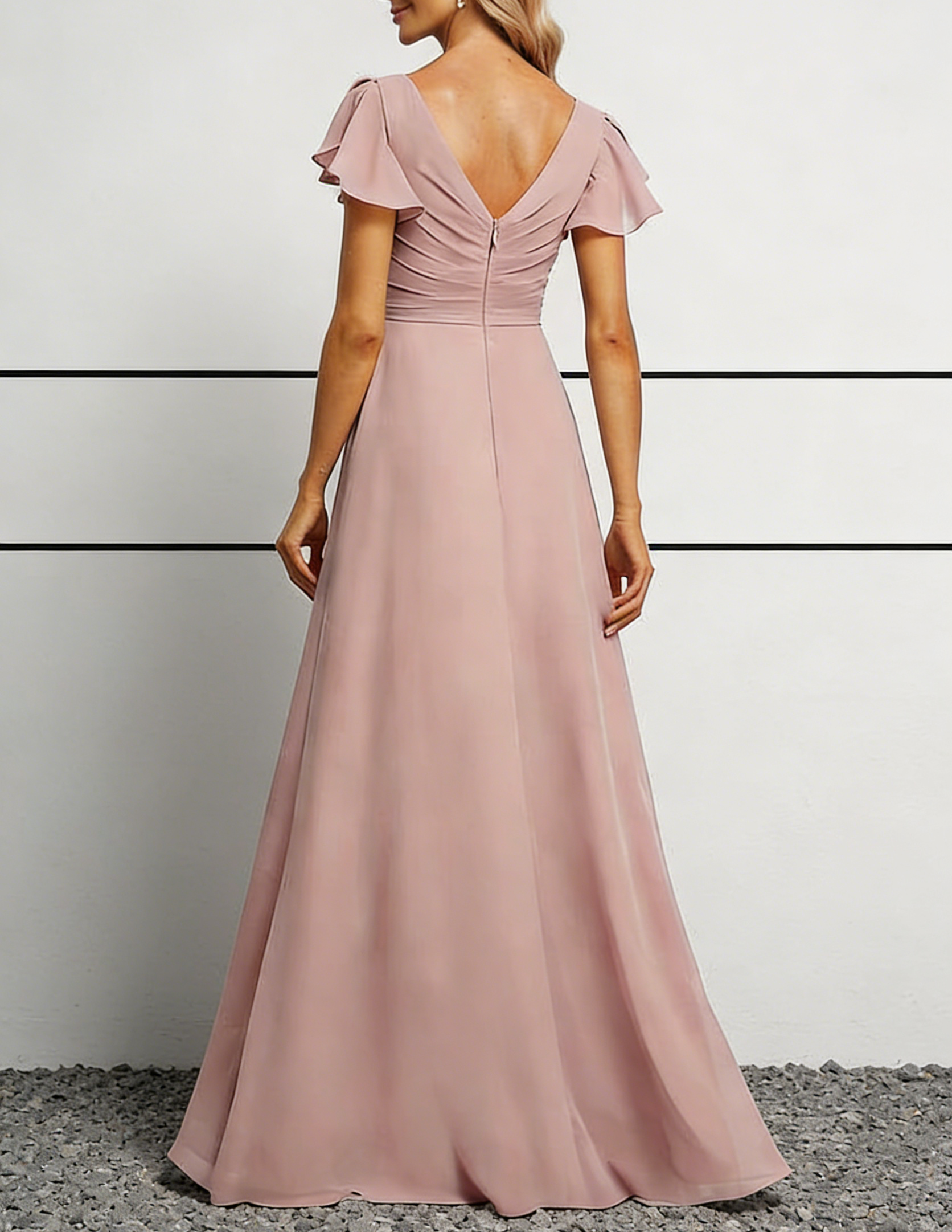 Dusty Rose Chiffon V-Neck Maxi Dress with Flutter Sleeves & Ruched Bodice