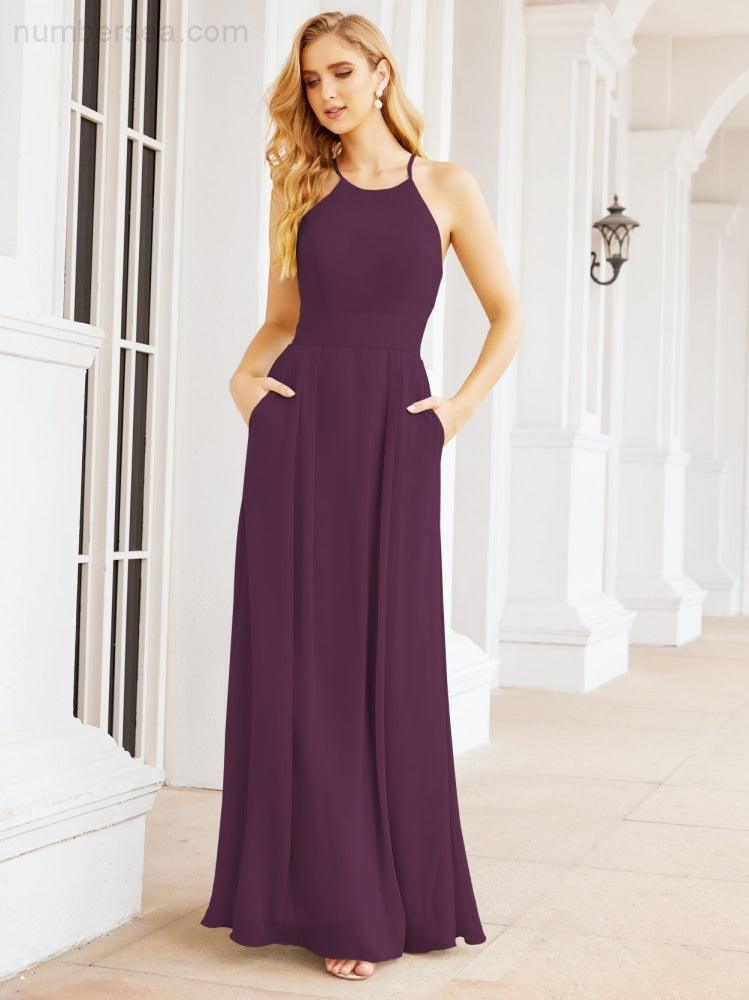 Halter Bridesmaid Dresses with Pockets Sleeveless Formal Evening Party Prom Gowns  28055