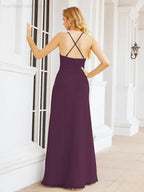 Halter Bridesmaid Dresses with Pockets Sleeveless Formal Evening Party Prom Gowns  28055