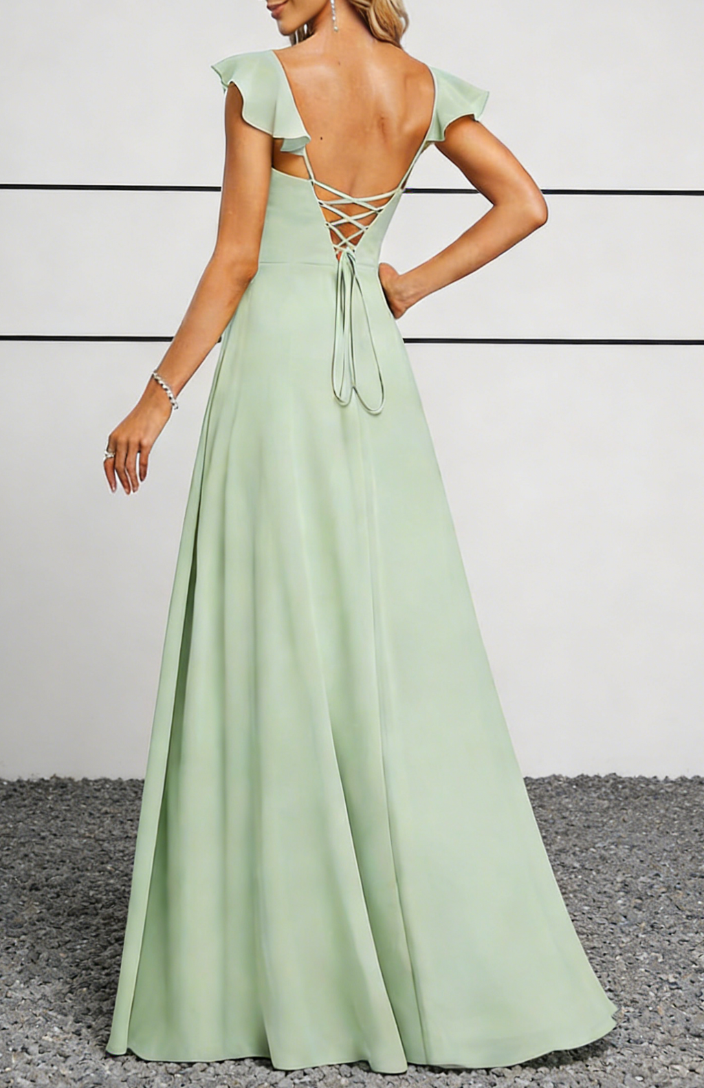 Sage Green Chiffon Sweetheart Maxi Dress with Flutter Sleeves & Lace-Up Back