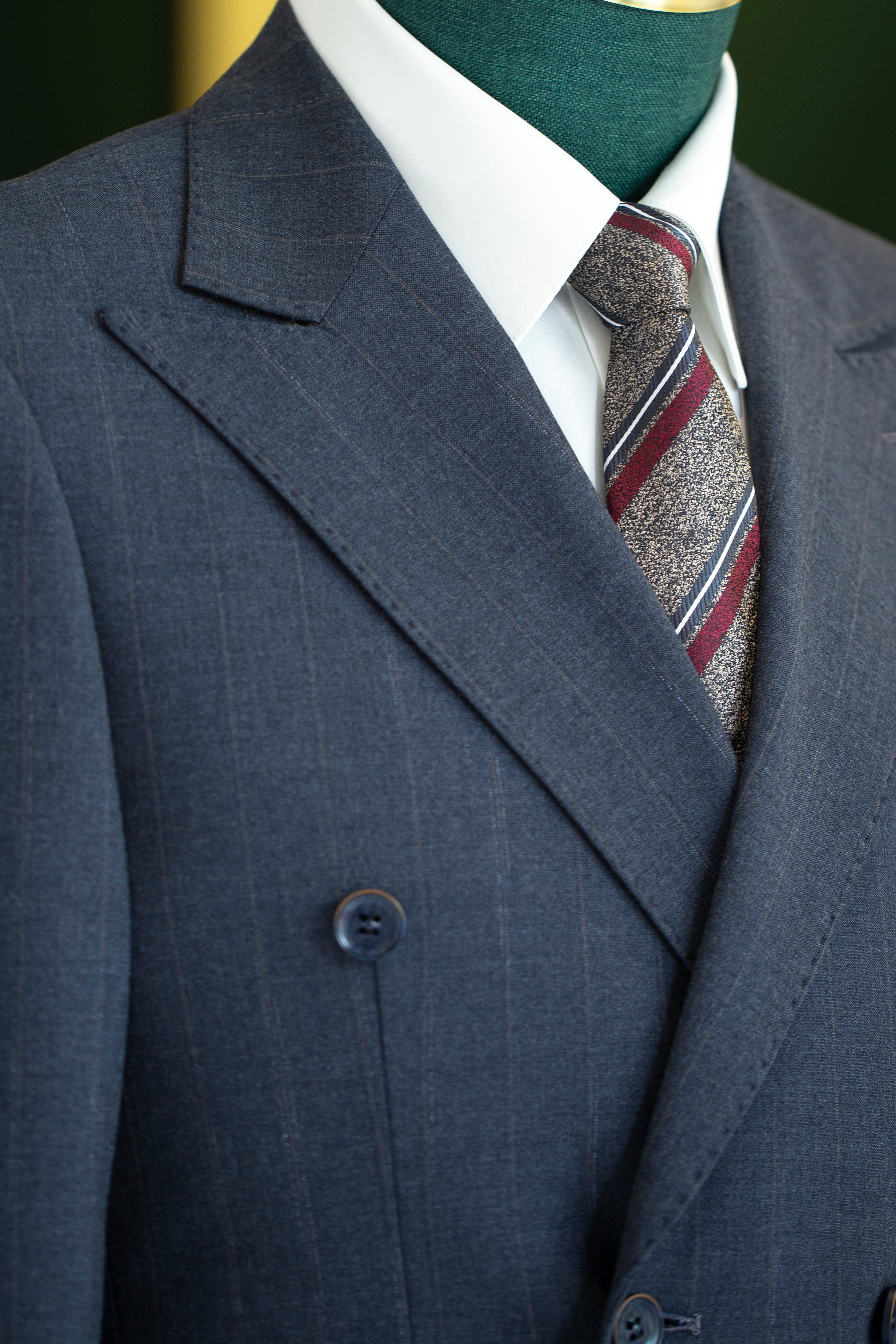 Charcoal Gold Pinstripe Wool Double Breasted 3 Piece Wedding Suit For Groom
