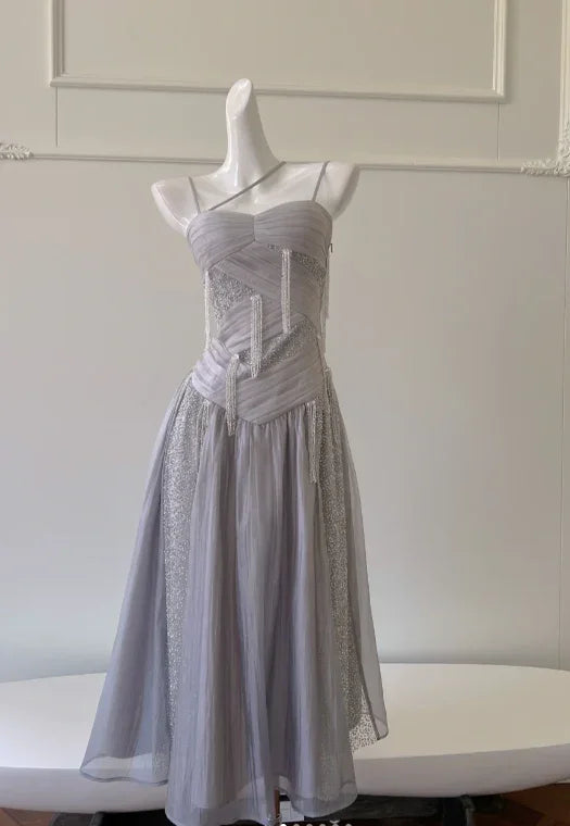 Classy Purple Sequins Tulle Beaded Tassel Prom Dress A Line Evening Dress Y8586