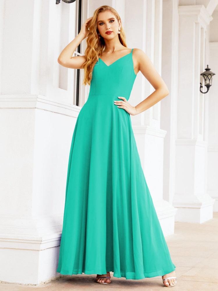 Spaghetti Strap Bridesmaid Dresses V Neck Butterfly Back Fromal Evening Party Prom Gown 28036