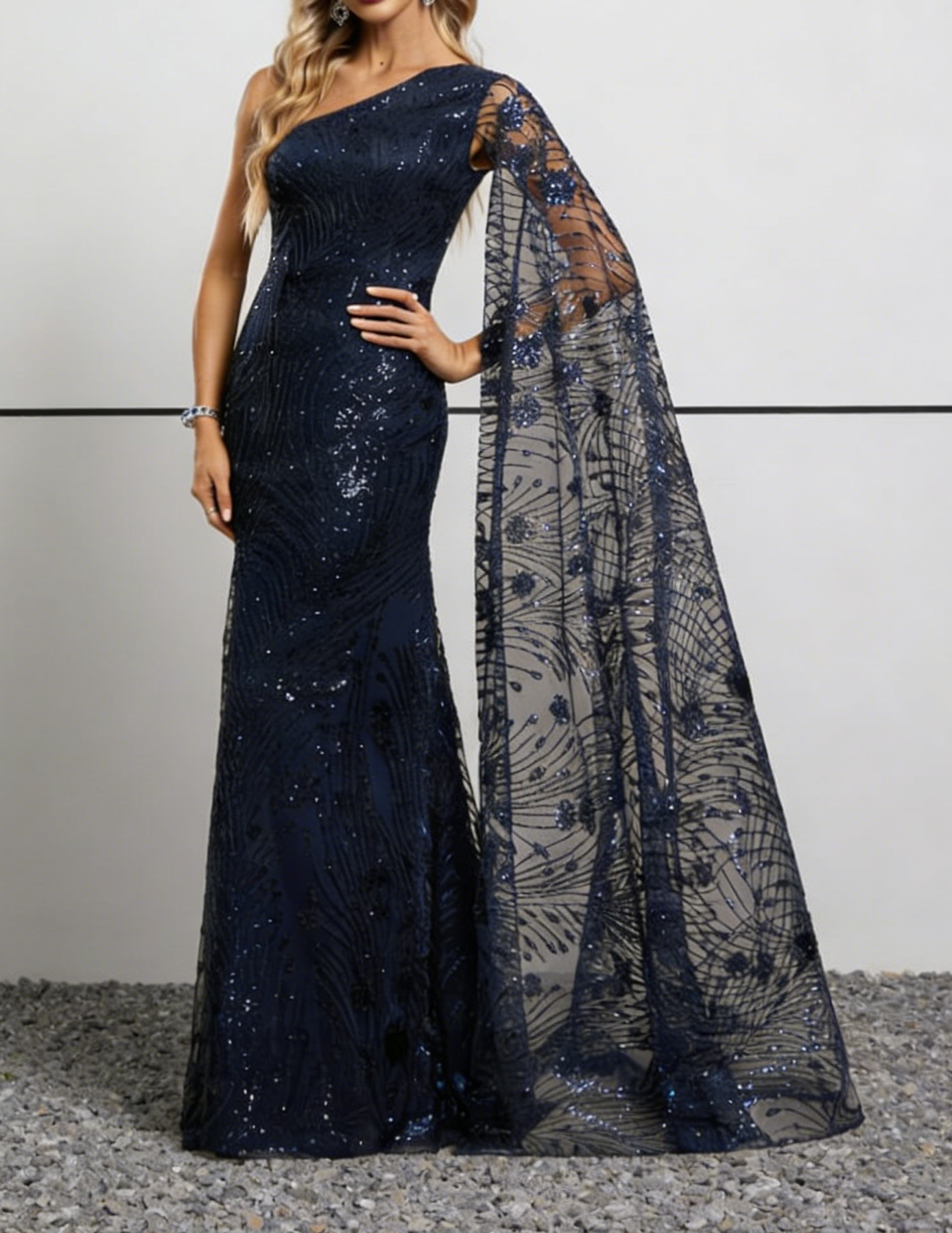 Navy Blue Sequin One-Shoulder Mermaid Gown with Cape Sleeve & Embellished Train