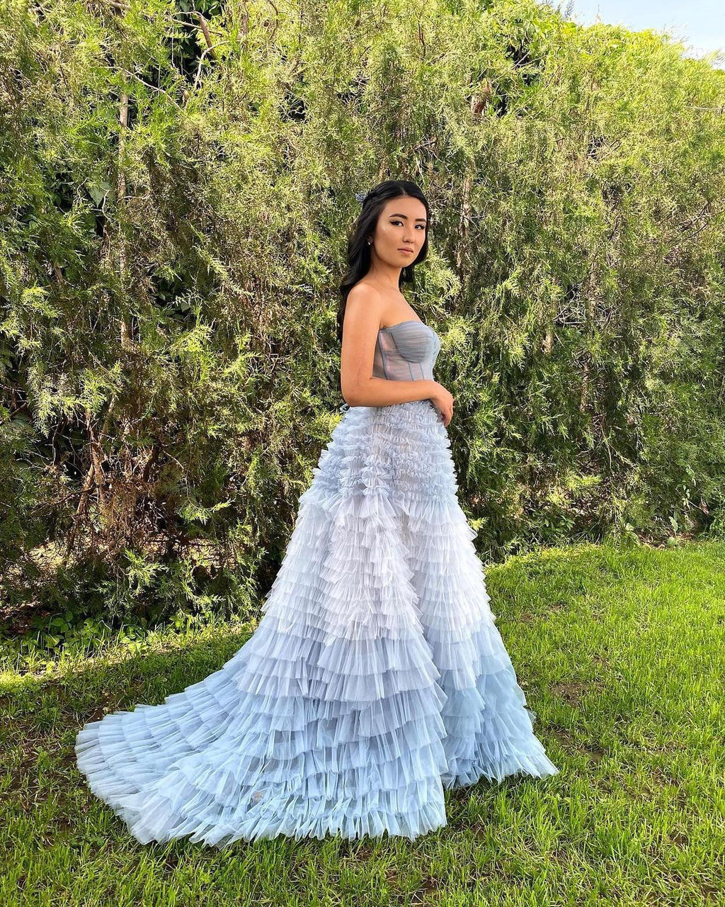 A Line Sweetheart Tiered Ruffled Tulle Long Prom Dress