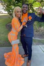 Orange Long V-Neck Lace Mermaid Prom Dress with Sleeves