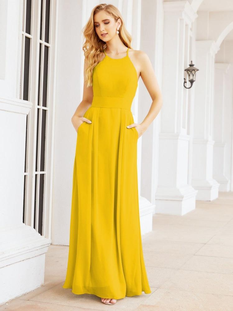 Halter Bridesmaid Dresses with Pockets Sleeveless Formal Evening Party Prom Gowns  28055