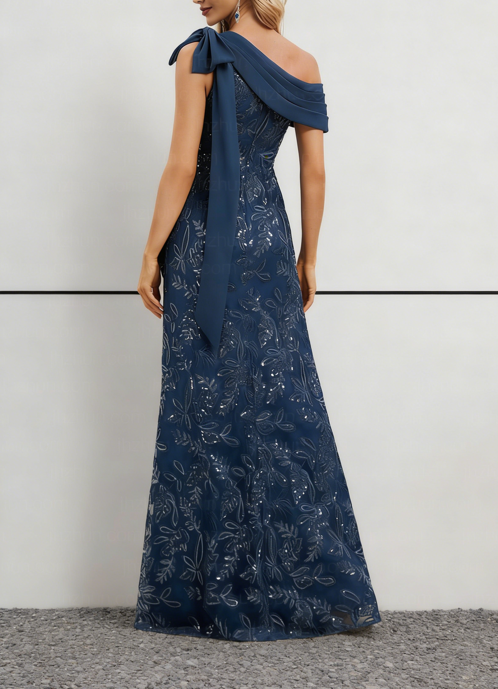 Navy Blue Sequin Lace One-Shoulder Maxi Dress with Bow Detail & Asymmetric Neck