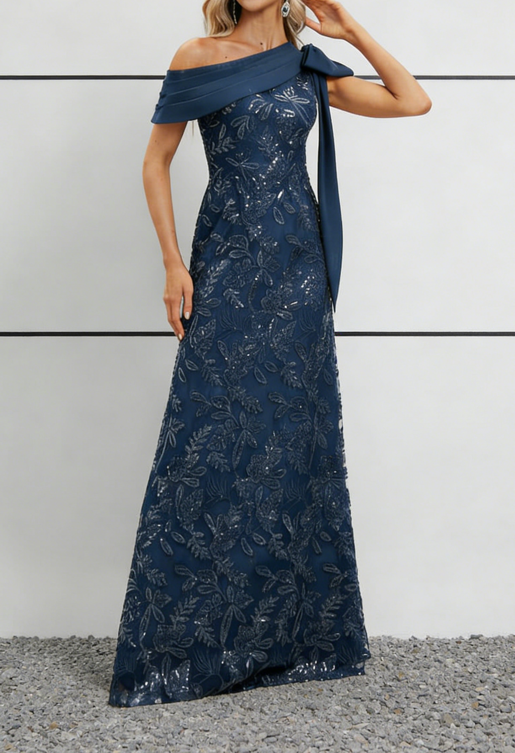 Navy Blue Sequin Lace One-Shoulder Maxi Dress with Bow Detail & Asymmetric Neck
