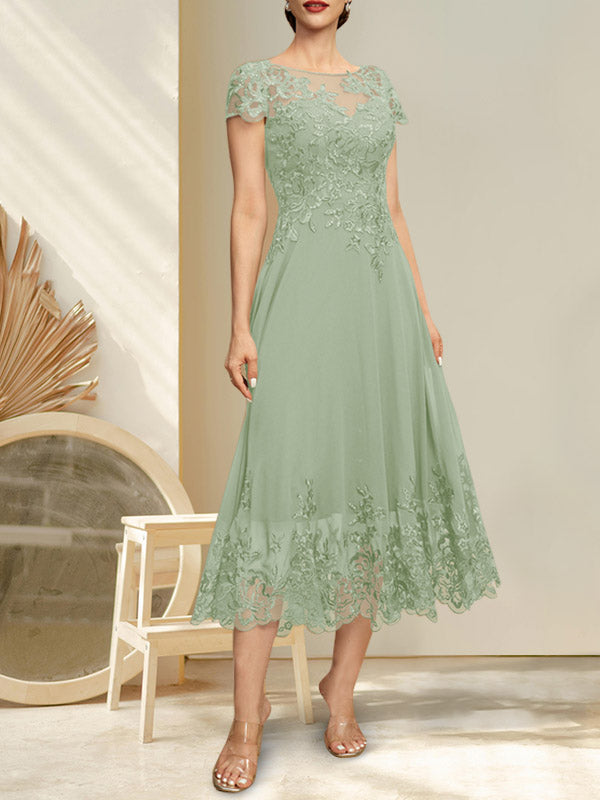 A-line Illusion Scoop Tea-Length Lace Chiffon Mother of the Bride Dress With Sequins