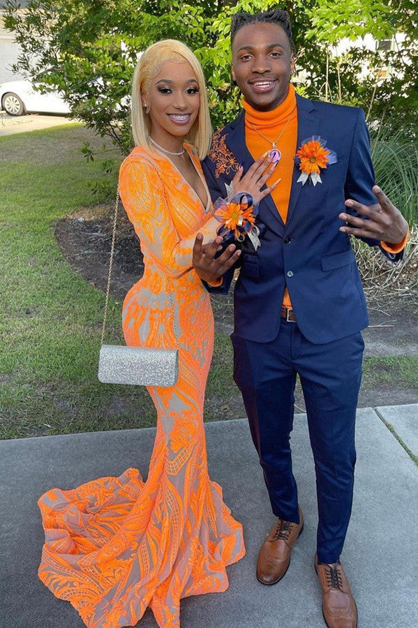 Orange Long V-Neck Lace Mermaid Prom Dress with Sleeves