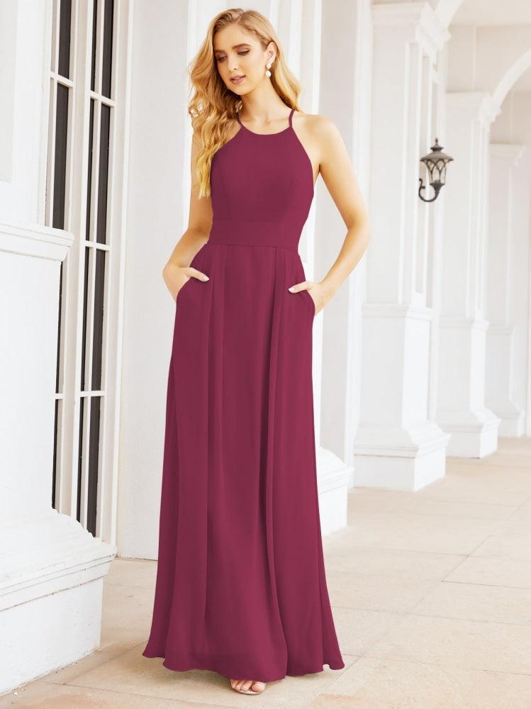 Halter Bridesmaid Dresses with Pockets Sleeveless Formal Evening Party Prom Gowns  28055