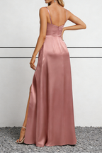 Dusty Rose Satin Cowl Neck Maxi Dress with Spaghetti Straps & High Slit