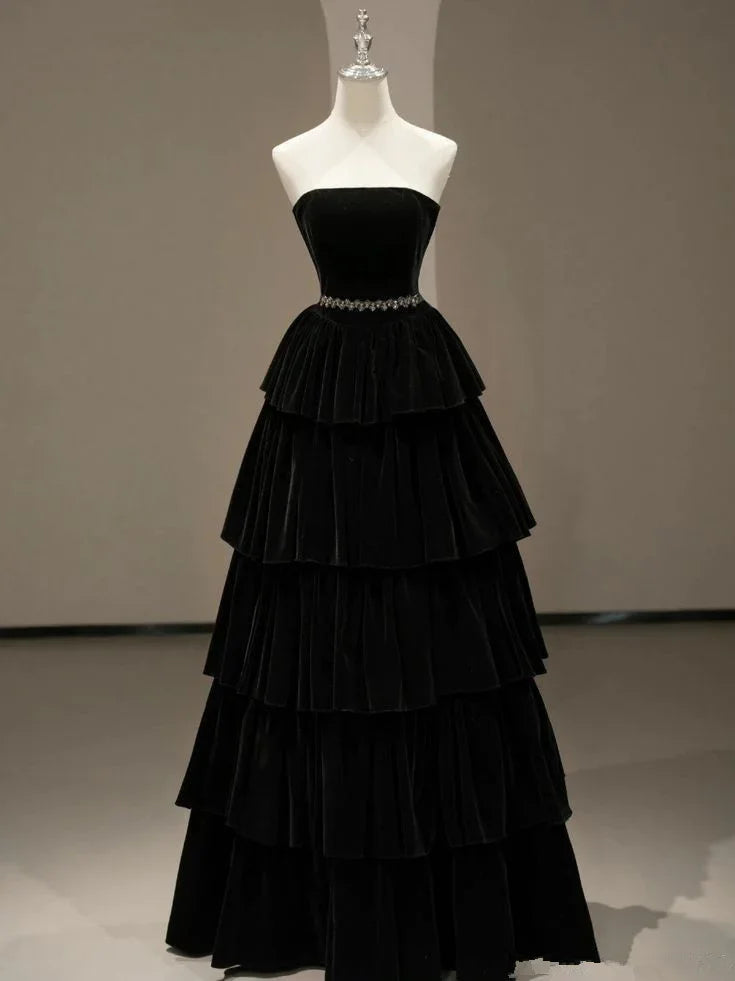 Chic Black A-line Layered Evening Dress Black Strapless Evening Gown Y4378