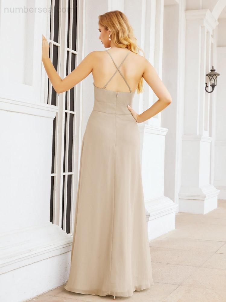 Halter Bridesmaid Dresses with Pockets Sleeveless Formal Evening Party Prom Gowns  28055
