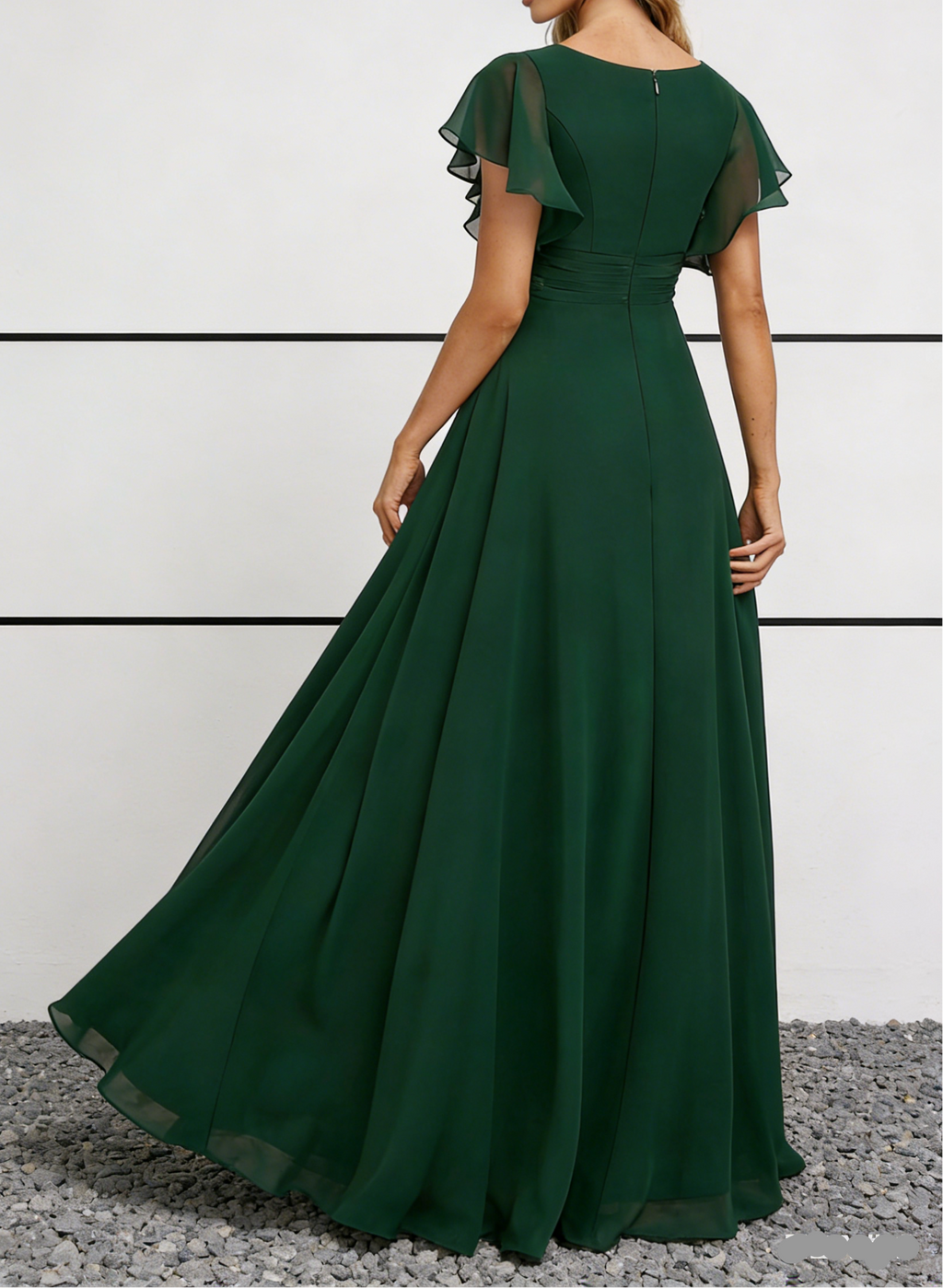 Emerald Green Chiffon V-Neck Maxi Dress with Flutter Sleeves & Ruched Bodice