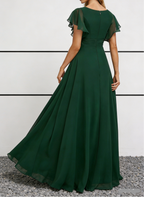 Emerald Green Chiffon V-Neck Maxi Dress with Flutter Sleeves & Ruched Bodice