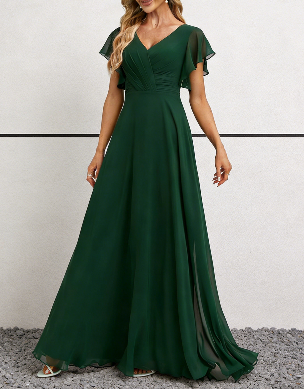 Emerald Green Chiffon V-Neck Maxi Dress with Flutter Sleeves & Ruched Bodice