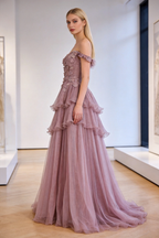 Luxury Pink Dreamy Ruffles Beaded A-Line Evening Dress LA73385