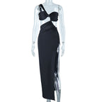 Sloping Shoulder Dress Solid Color Pullover Sexy Backless Evening Dress Long Socialite Split
