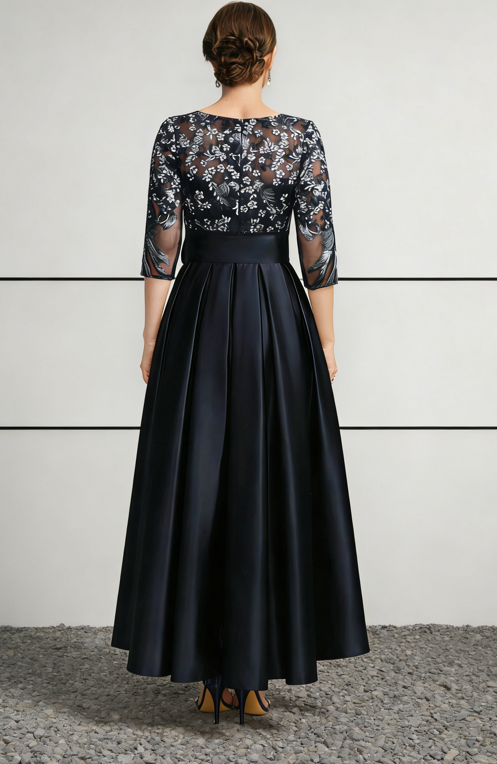 Navy Blue Satin & Lace Midi Dress with Illusion Neck & High-Low Hem