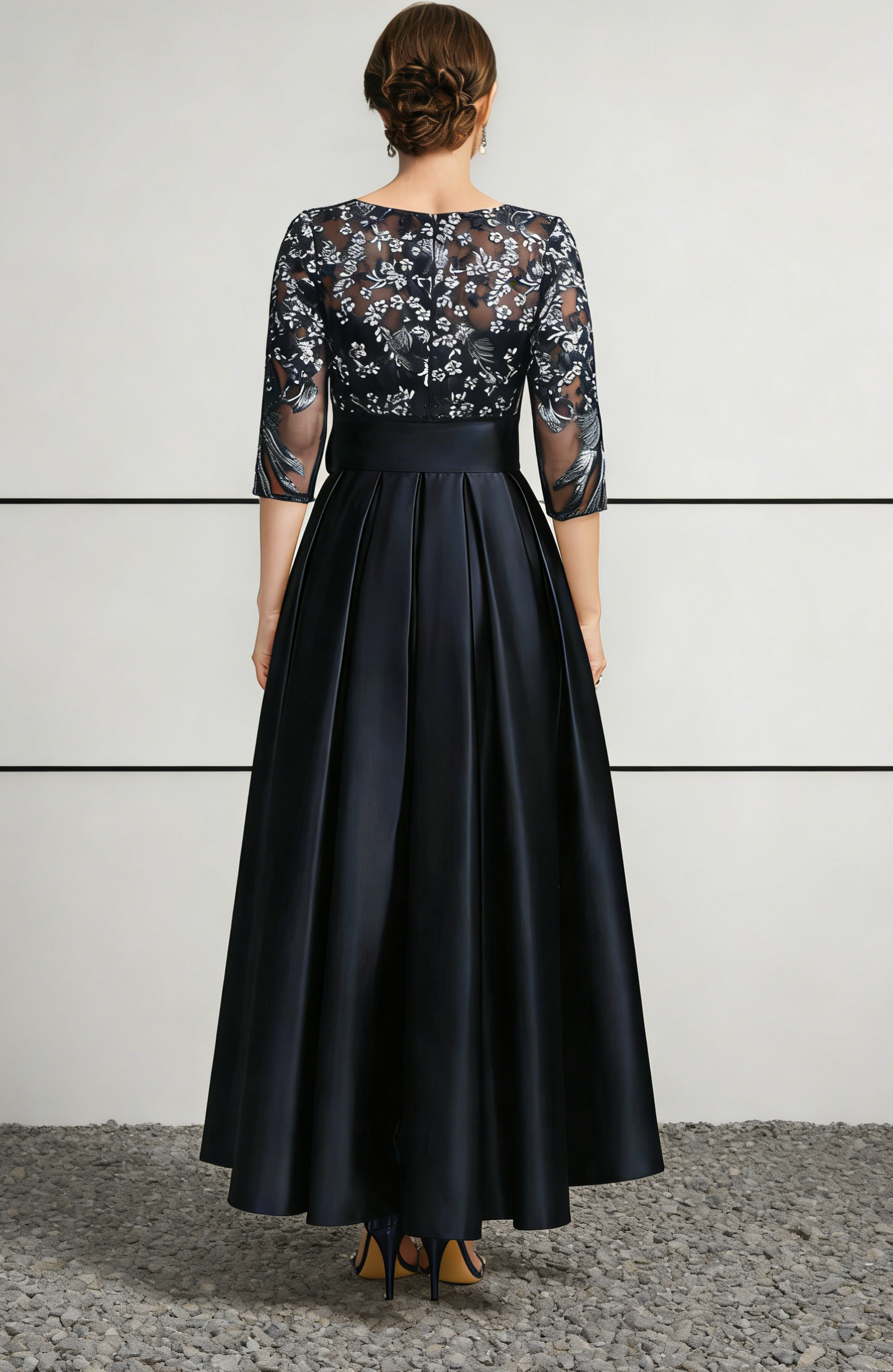 Navy Blue Satin & Lace Midi Dress with Illusion Neck & High-Low Hem