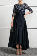 Navy Blue Satin & Lace Midi Dress with Illusion Neck & High-Low Hem