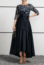 Navy Blue Satin & Lace Midi Dress with Illusion Neck & High-Low Hem