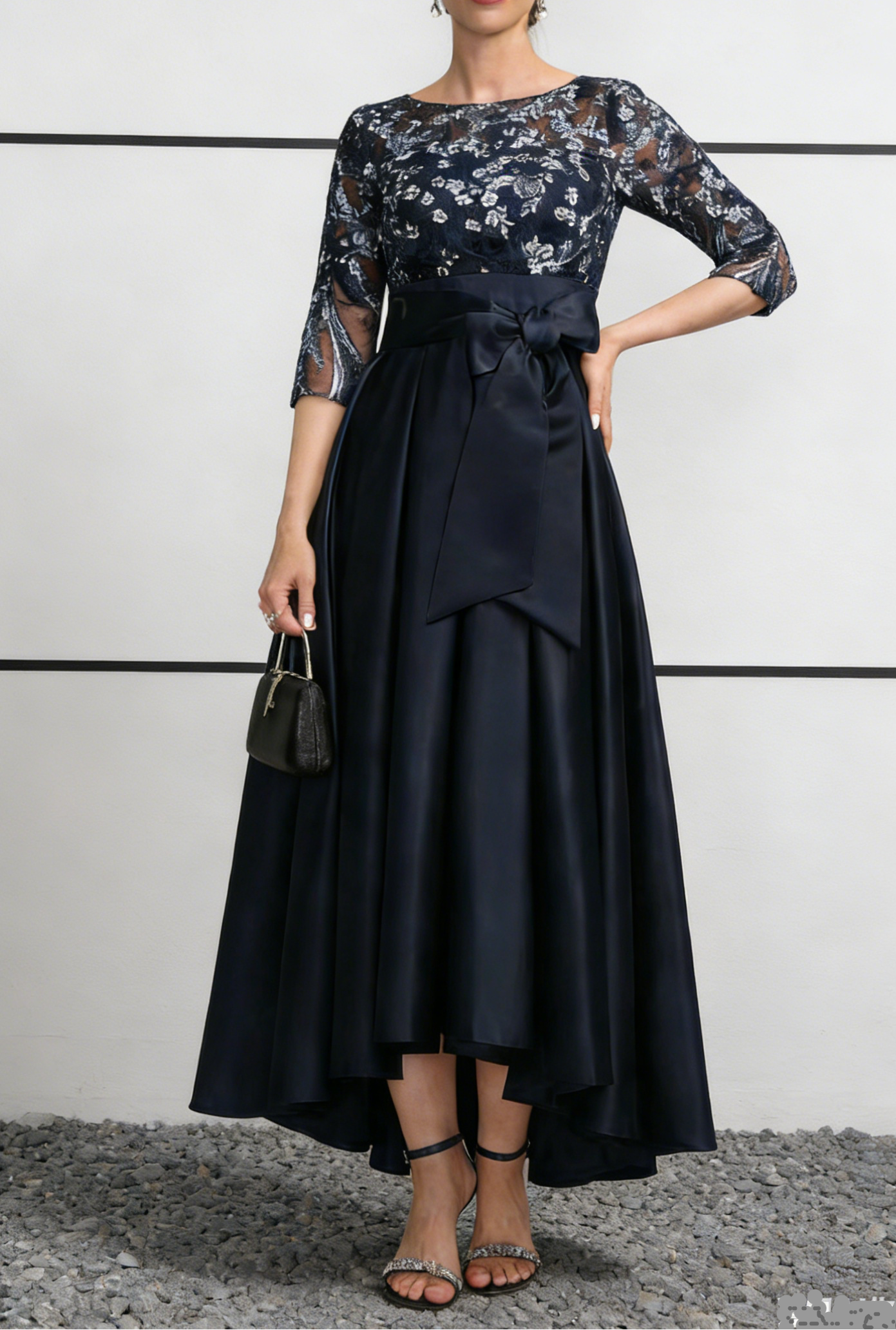 Navy Blue Satin & Lace Midi Dress with Illusion Neck & High-Low Hem